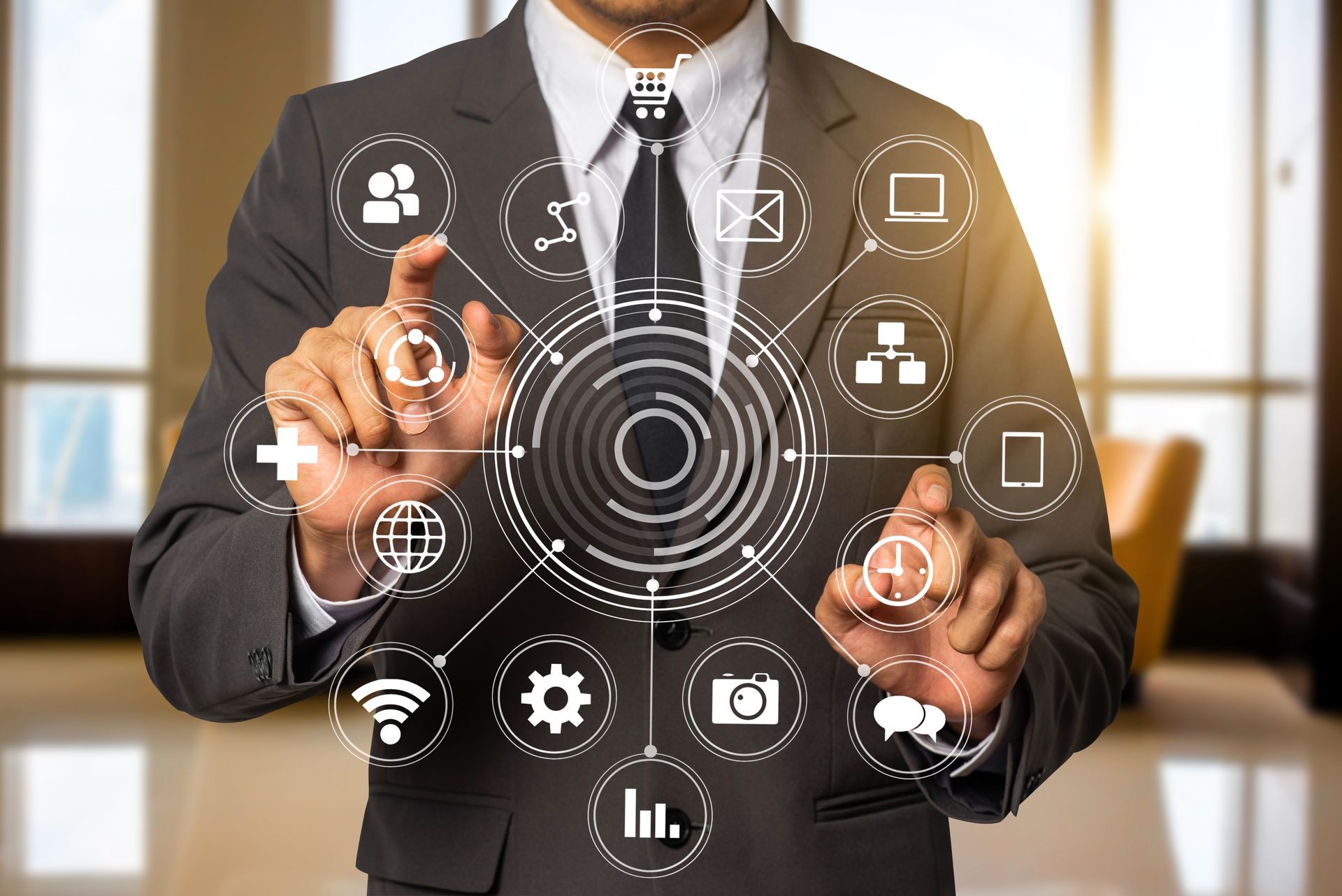 Digital marketing media in virtual globe shape diagram.success businessman open his hand,working touch screen computer,front view